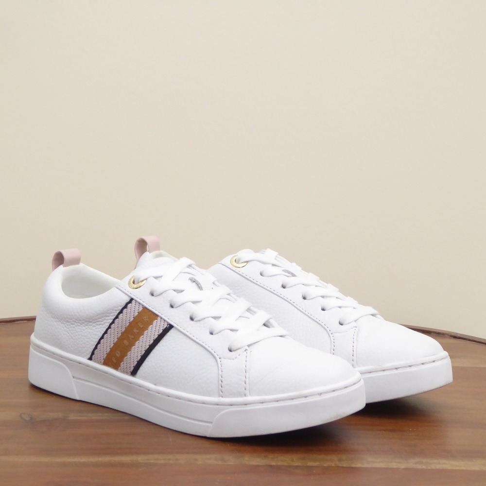Ted Baker Womens Baily Sneakers Lace Up White Leather Webbing Stripe Size 6 - Picture 2 of 10